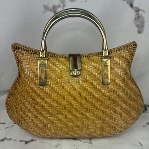 Vintage Woven Straw Purse Brass Handles & Feet Leather Like Lining Strap Buckle